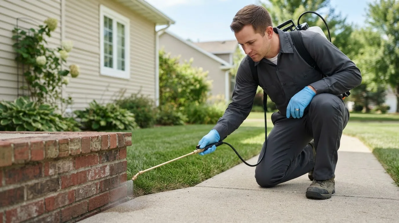 Pest control technician treating a home near Weatherby, MO