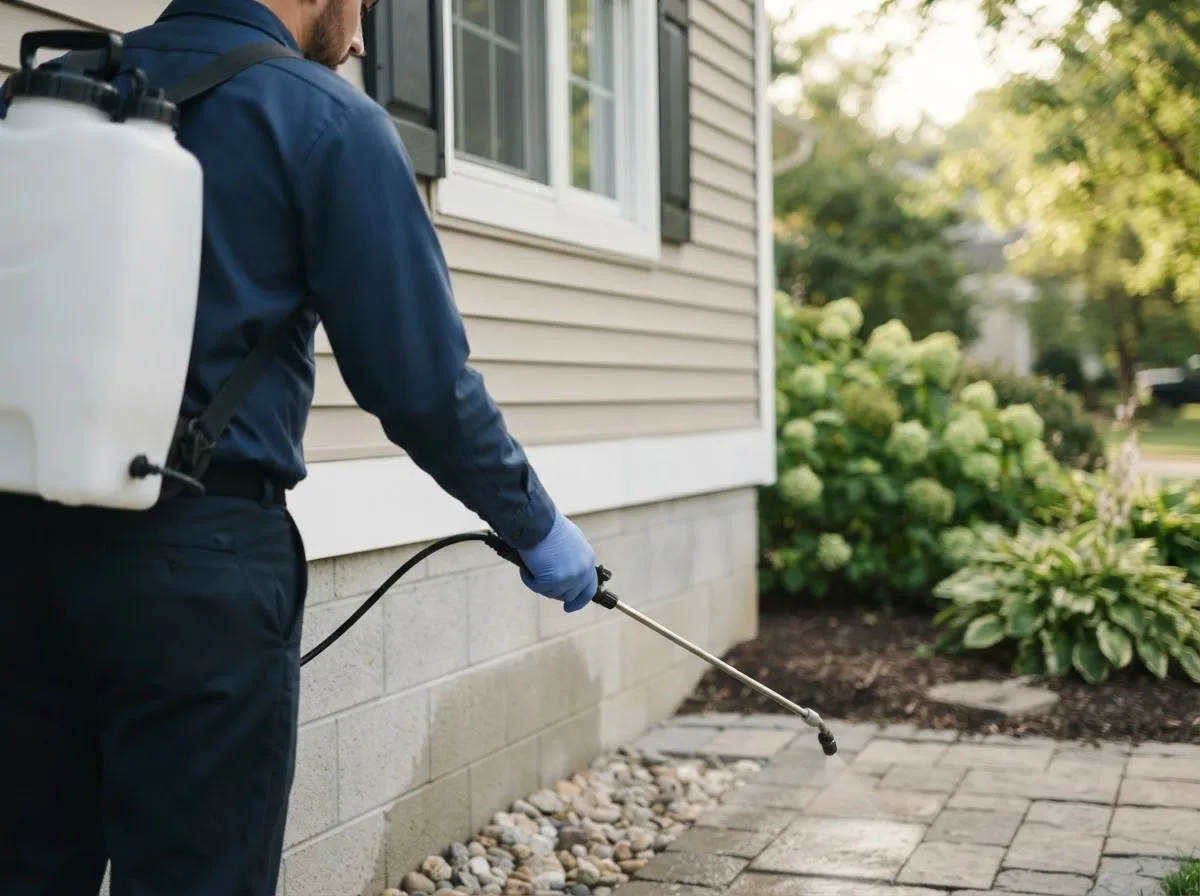 Pest control technician inspecting a home in Weatherby, MO